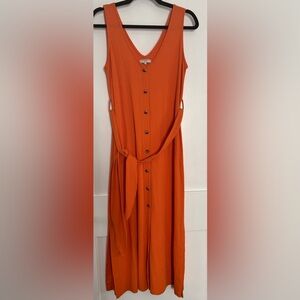 FRNCH PARIS Ribbed Button-Front Midi Dress with Self Tie in Orange